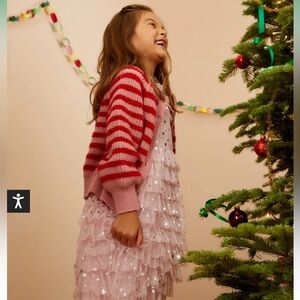 Mini Boden Red and Pink Striped Cardigan with Starry White Dress